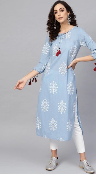 Mayawye Women's Casual 3/4 th Sleeve Embroidery Cambric Cotton Kurti (Blue)