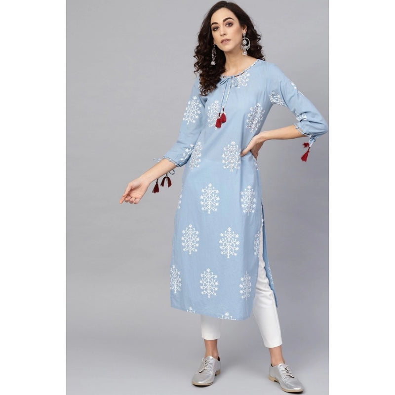 Mayawye Women's Casual 3/4 th Sleeve Embroidery Cambric Cotton Kurti (Blue)