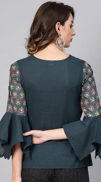 Mayawye Women's Casual Bell Sleeves Floral Printed Cotton Slub Top (Grey)