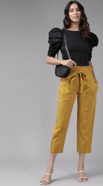 Mayawye Women's Casual Printed Cotton Flex Trouser Pant (Mustard)