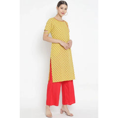 Mayawye Women's Casual Short Sleeves Floral Printed Cotton & Rayon Kurti Palazzo Set (Yellow & Red)