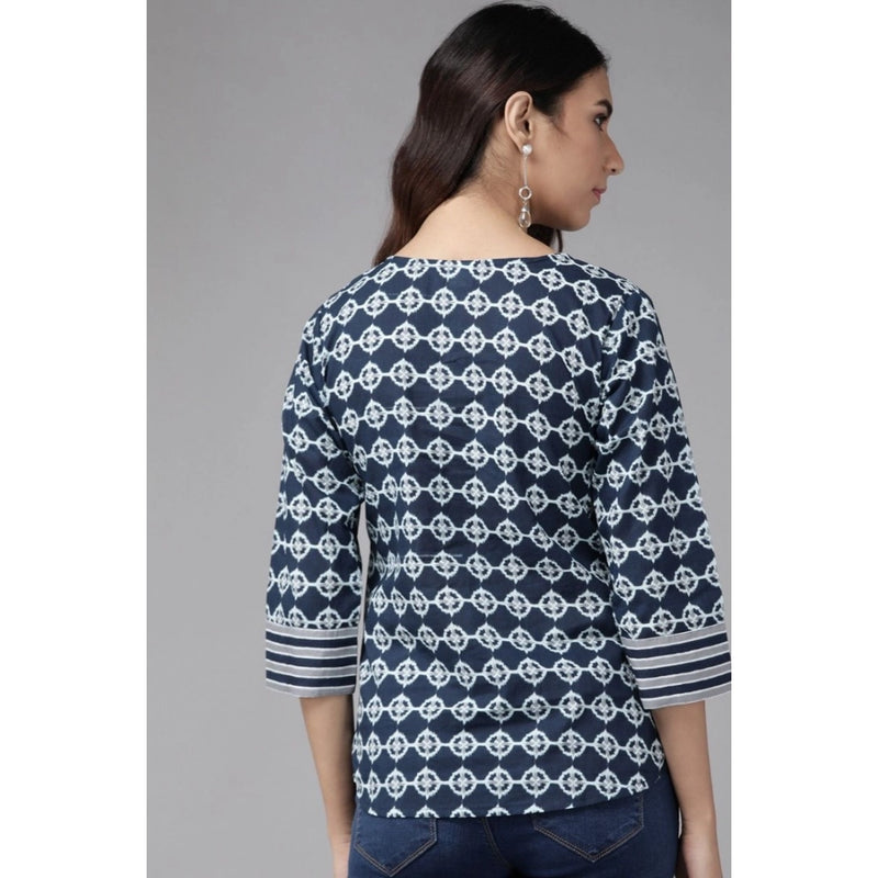 Mayawye Women's Casual 3/4 th Sleeve Floral Printed Cotton Top (Blue)