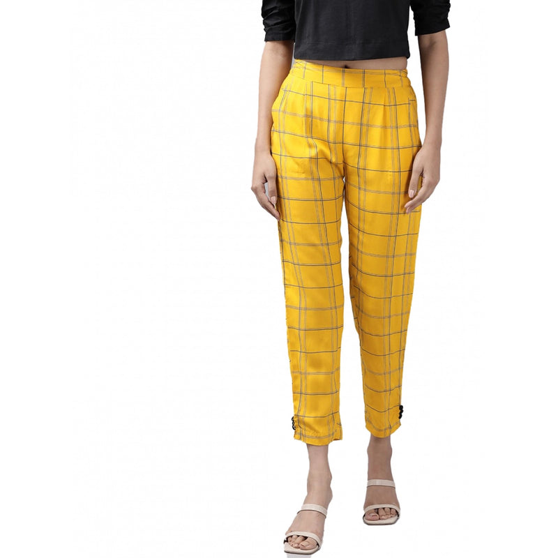 Mayawye Women's Casual Checked Rayon Trouser Pant (Yellow)