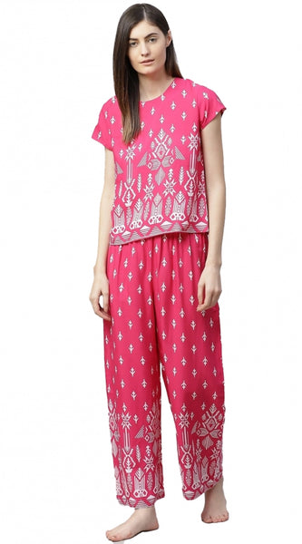 Mayawye Women's Casual Short Sleeve Printed Rayon Pajama Set (Pink)
