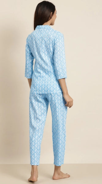 Mayawye Women's Casual 3/4 th Sleeve Floral Printed Rayon Shirt With Pyjama Pant Night Suit Set (Blue)