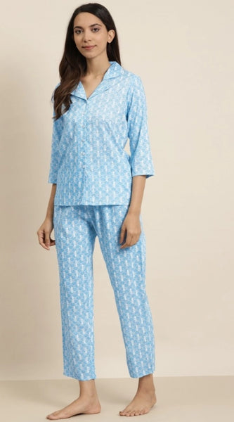 Mayawye Women's Casual 3/4 th Sleeve Floral Printed Rayon Shirt With Pyjama Pant Night Suit Set (Blue)