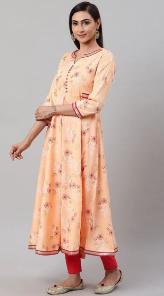 Mayawye Women's Casual 3/4 th Sleeve Floral Printed Rayon Kurti (Peach)