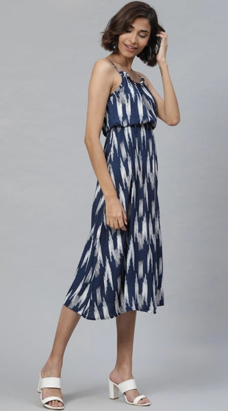 Mayawye Women's Casual Sleeveless Ikat Print Rayon Dress (Blue)