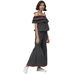 Mayawye Women's Casual shoulder sleeve Geomatrical Printed Cotton Dress (Black)