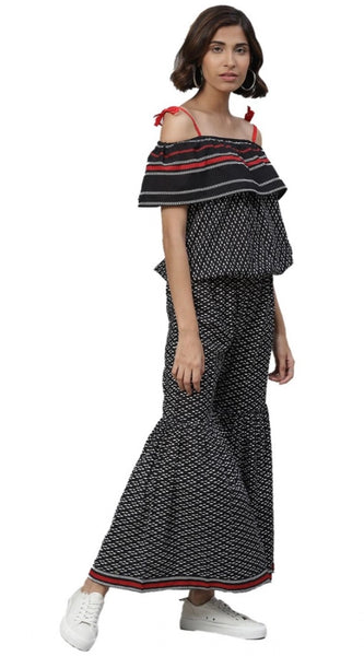 Mayawye Women's Casual shoulder sleeve Geomatrical Printed Cotton Dress (Black)