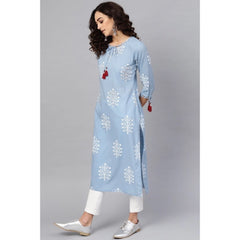 Mayawye Women's Casual 3/4 th Sleeve Embroidery Cambric Cotton Kurti (Blue)