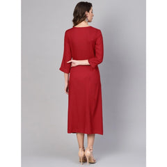 Mayawye Women's Casual 3/4 th Sleeve Solid Rayon Dobby Dress (Maroon)