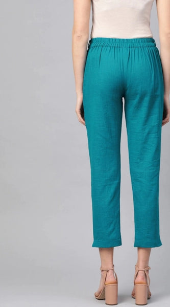 Mayawye Women's Casual Solid Cotton Slub Trouser Pant (Rama Blue)