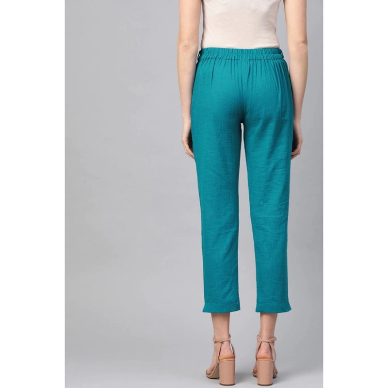 Mayawye Women's Casual Solid Cotton Slub Trouser Pant (Rama Blue)