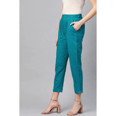 Mayawye Women's Casual Solid Cotton Slub Trouser Pant (Rama Blue)