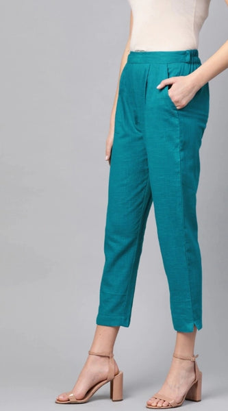 Mayawye Women's Casual Solid Cotton Slub Trouser Pant (Rama Blue)