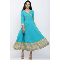 Mayawye Women's Casual 3/4 th Sleeve Embroidery Cotton Blend Kurti (Torque Green)