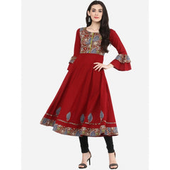 Mayawye Women's Casual Bell Sleeves Printed Cotton Kurti (Maroon)