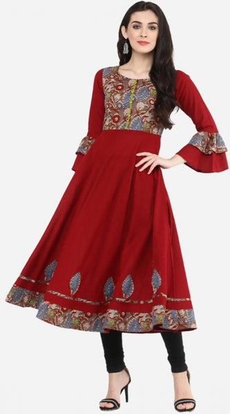 Mayawye Women's Casual Bell Sleeves Printed Cotton Kurti (Maroon)