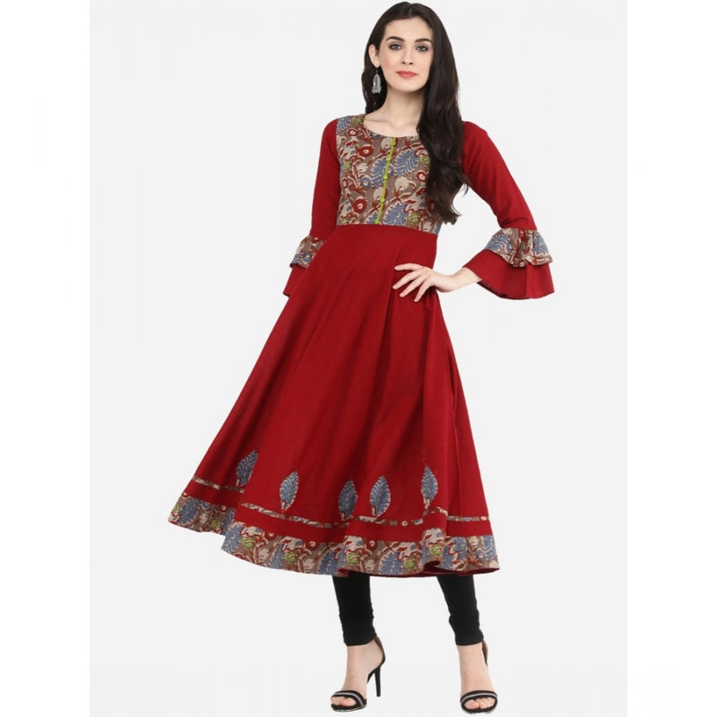 Mayawye Women's Casual Bell Sleeves Printed Cotton Kurti (Maroon)