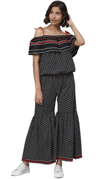 Mayawye Women's Casual shoulder sleeve Geomatrical Printed Cotton Dress (Black)