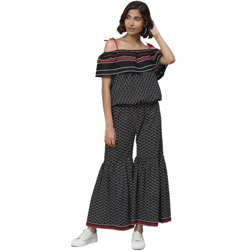 Mayawye Women's Casual shoulder sleeve Geomatrical Printed Cotton Dress (Black)