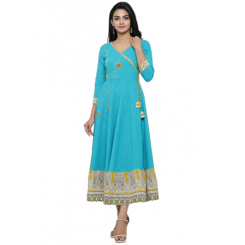Mayawye Women's Casual 3/4 th Sleeve Embroidery Cotton Blend Kurti (Torque Green)