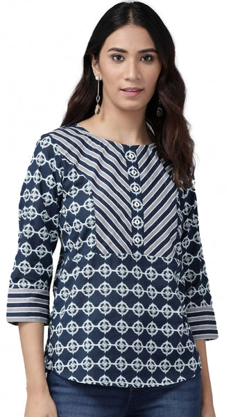 Mayawye Women's Casual 3/4 th Sleeve Floral Printed Cotton Top (Blue)
