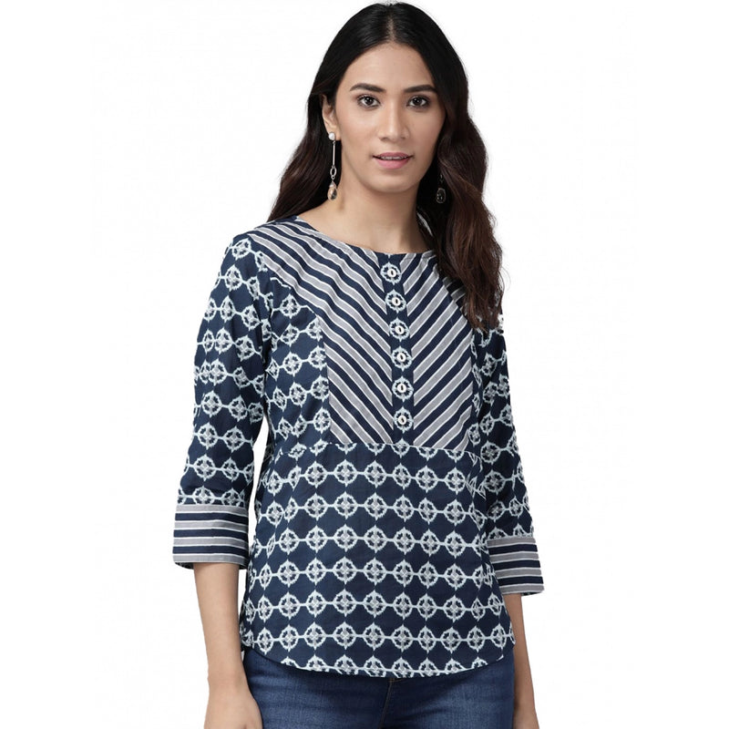 Mayawye Women's Casual 3/4 th Sleeve Floral Printed Cotton Top (Blue)
