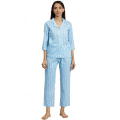 Mayawye Women's Casual 3/4 th Sleeve Floral Printed Rayon Shirt With Pyjama Pant Night Suit Set (Blue)
