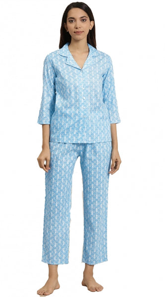 Mayawye Women's Casual 3/4 th Sleeve Floral Printed Rayon Shirt With Pyjama Pant Night Suit Set (Blue)
