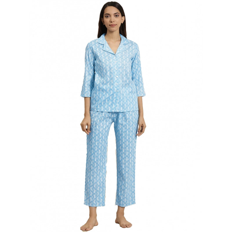 Mayawye Women's Casual 3/4 th Sleeve Floral Printed Rayon Shirt With Pyjama Pant Night Suit Set (Blue)
