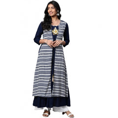 Mayawye Women's Casual 3/4 th Sleeve Geometric Rayon Kurti (Navy Blue)