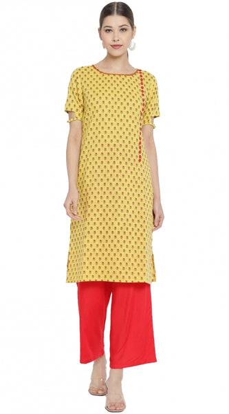 Mayawye Women's Casual Short Sleeves Floral Printed Cotton & Rayon Kurti Palazzo Set (Yellow & Red)