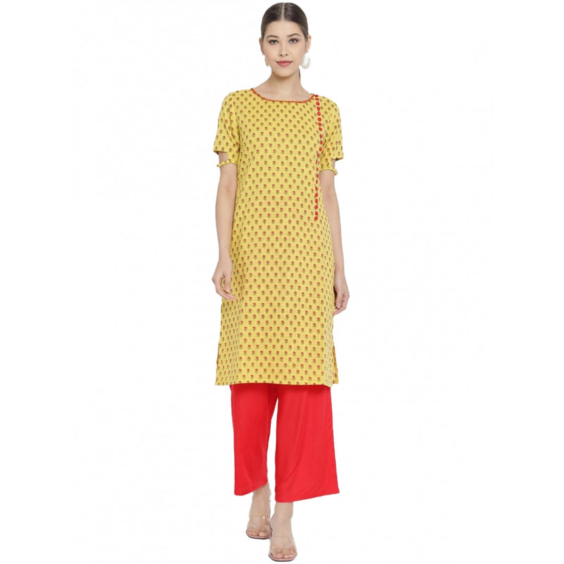 Mayawye Women's Casual Short Sleeves Floral Printed Cotton & Rayon Kurti Palazzo Set (Yellow & Red)