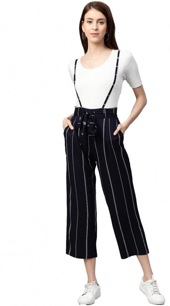 Mayawye Women's Casual Short Sleeve Striped Rayon Dungaree (Blue)