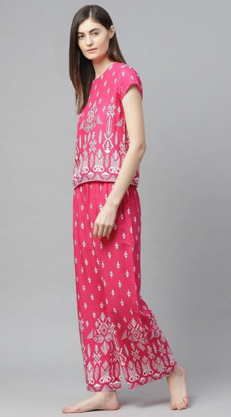 Mayawye Women's Casual Short Sleeve Printed Rayon Pajama Set (Pink)