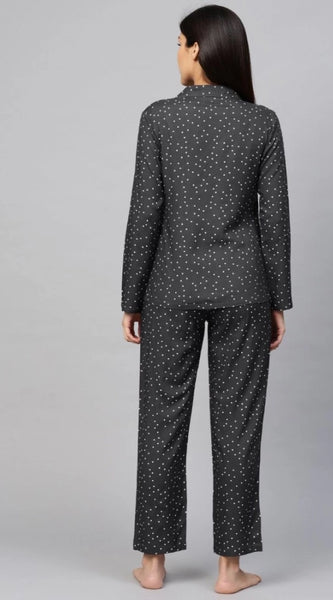 Mayawye Women's Casual Full Sleeves Polka Dot Printed Rayon Shirt With Pyjama Pant Night Suit Set (Grey)