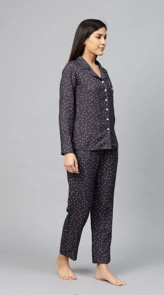 Mayawye Women's Casual Full Sleeves Polka Dot Printed Rayon Shirt With Pyjama Pant Night Suit Set (Grey)