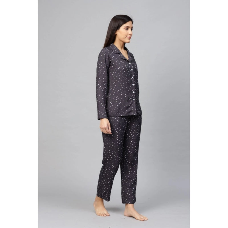 Mayawye Women's Casual Full Sleeves Polka Dot Printed Rayon Shirt With Pyjama Pant Night Suit Set (Grey)