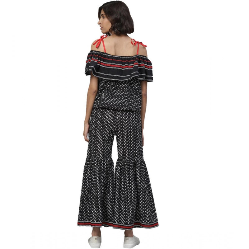 Mayawye Women's Casual shoulder sleeve Geomatrical Printed Cotton Dress (Black)
