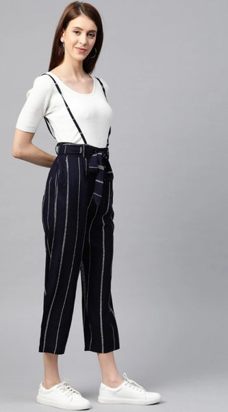 Mayawye Women's Casual Short Sleeve Striped Rayon Dungaree (Blue)