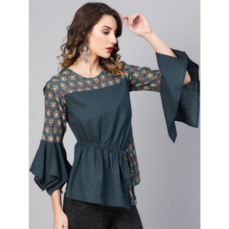 Mayawye Women's Casual Bell Sleeves Floral Printed Cotton Slub Top (Grey)