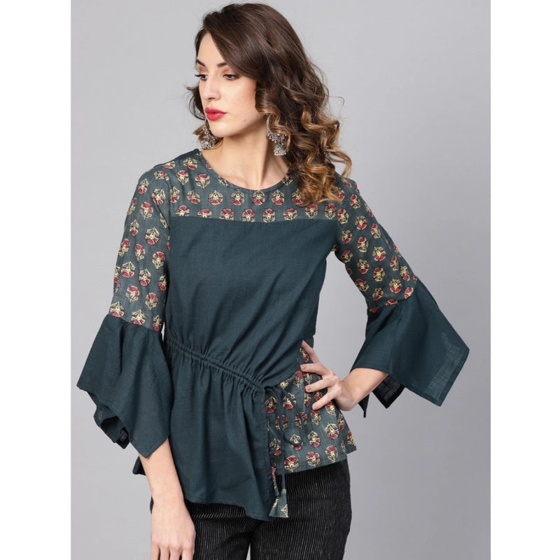 Mayawye Women's Casual Bell Sleeves Floral Printed Cotton Slub Top (Grey)