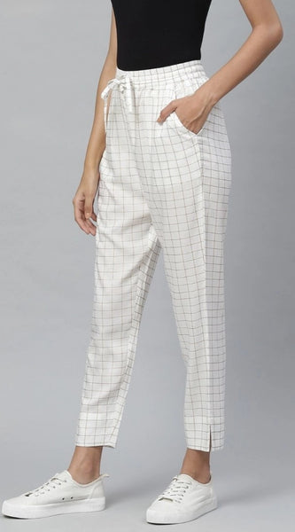 Mayawye Women's Casual Checked Rayon Trouser Pant (White)