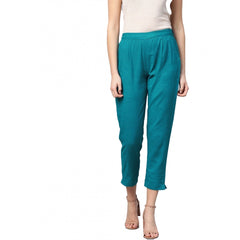 Mayawye Women's Casual Solid Cotton Slub Trouser Pant (Rama Blue)