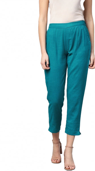 Mayawye Women's Casual Solid Cotton Slub Trouser Pant (Rama Blue)