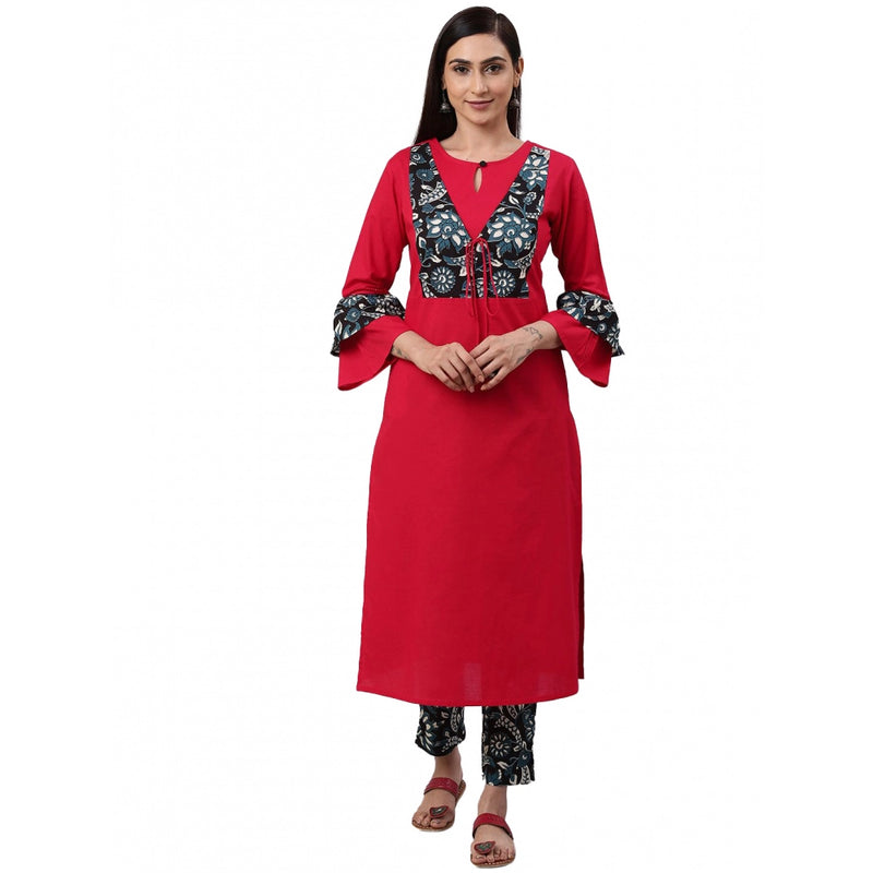 Mayawye Women's Casual Bell Sleeves Floral Printed Cotton Kurti Set (Rani Pink)