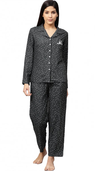 Mayawye Women's Casual Full Sleeves Polka Dot Printed Rayon Shirt With Pyjama Pant Night Suit Set (Grey)