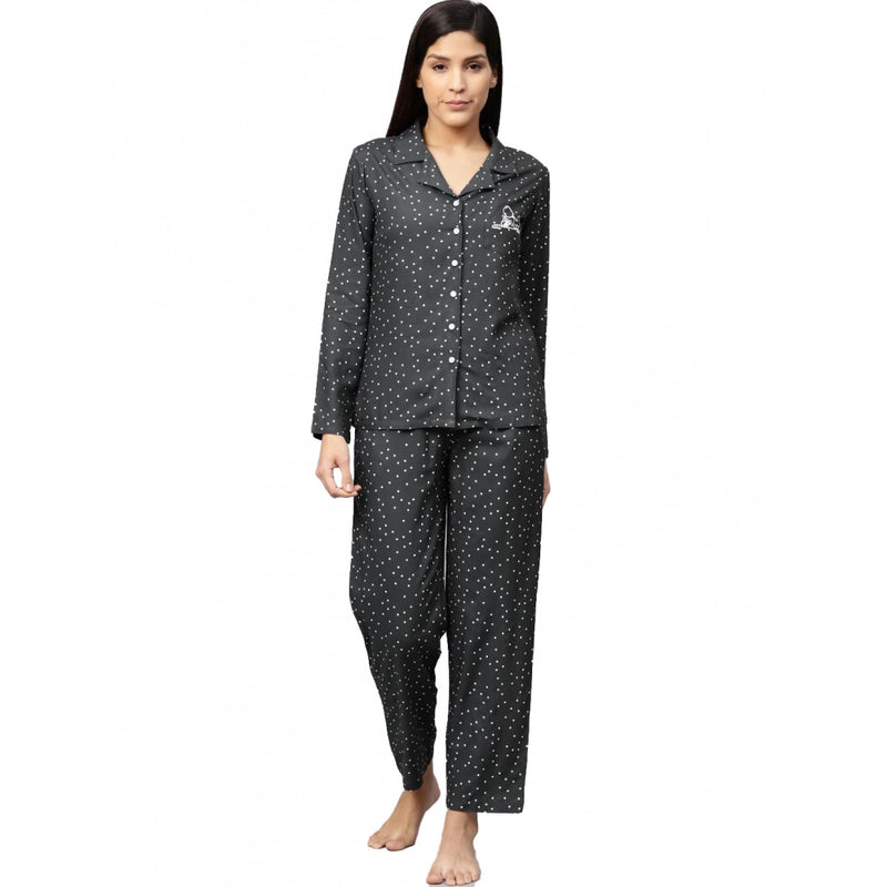 Mayawye Women's Casual Full Sleeves Polka Dot Printed Rayon Shirt With Pyjama Pant Night Suit Set (Grey)